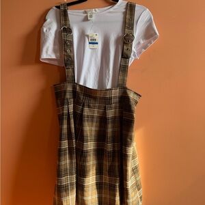 NWT Planet Gold Womens Brown Plaid 2 piece pleated Mini Skirt overalls size XL
